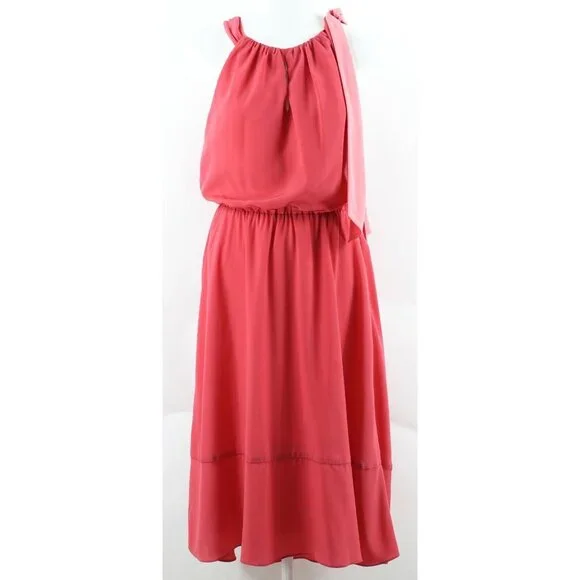 White House Black Market $178 Sz 0 Coral Pink Hi Lo Silky Poly Dress - Picture 2 of 8